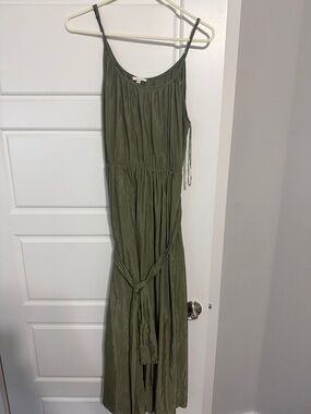 JODIFL Olive Green Spaghetti Strap Maxi Dress with Waist Tie